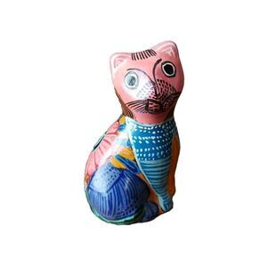 Talavera Hand-Painted Terracotta Cat Figurine Mexican Folk Art Pink Multicolor